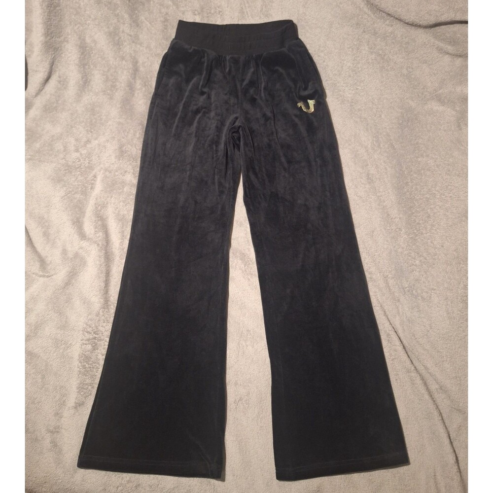 TRUE RELIGION-Velour Women XS Joggers-Black Velvet Sweatpants-Straight Leg